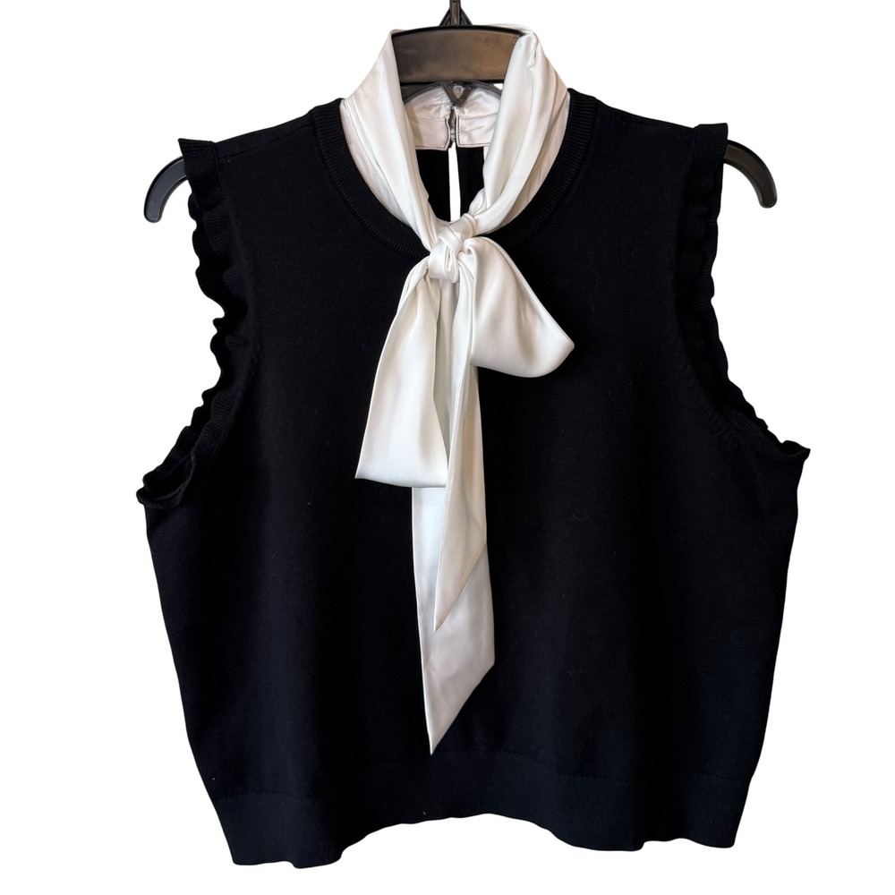 Cinq à Sept L Black White Tie Neck Sleeveless Knit Top Ruffle Luxury office core